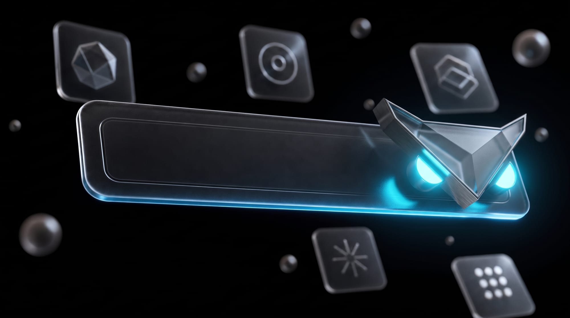 Dark glass panel with a cyan lit edge and the owl emblem